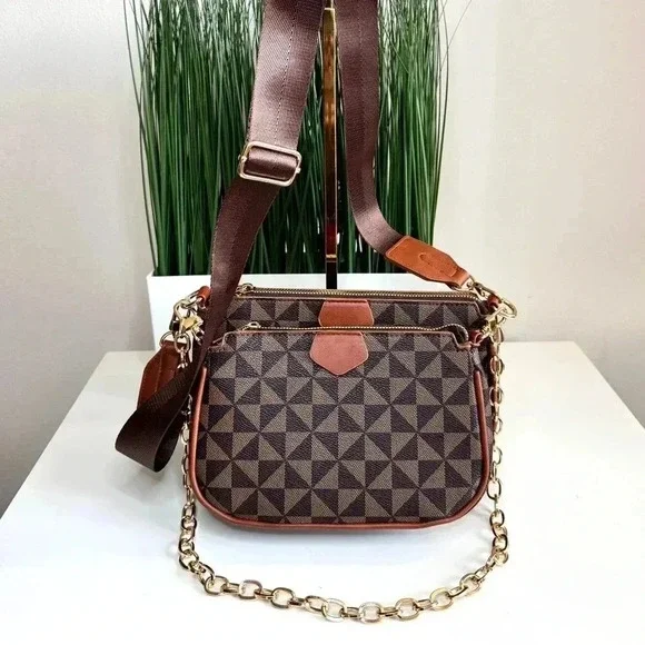 Designer Style Monogram Crossbody Bag Brown Gold Chain NWT - Picture 12 of 13